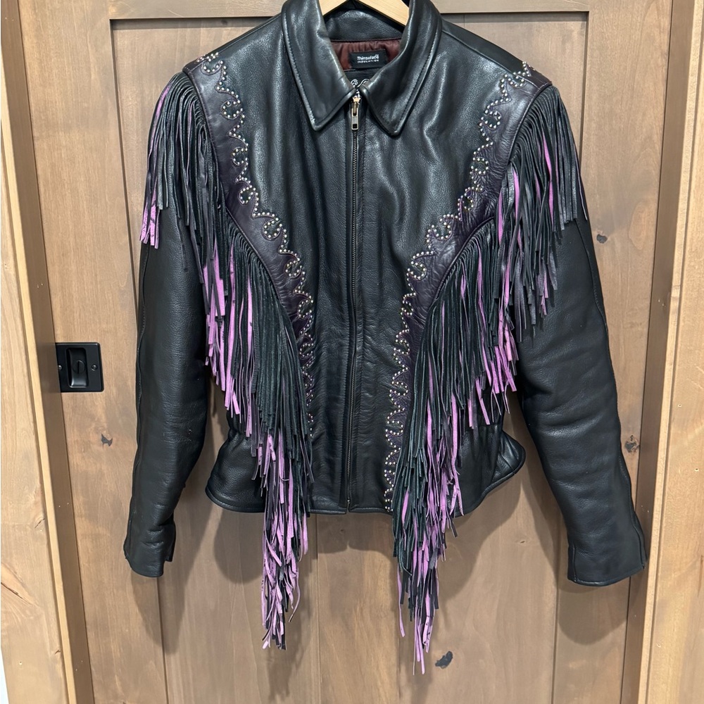 Black & Purple fringe Leather Motorcycle jacket